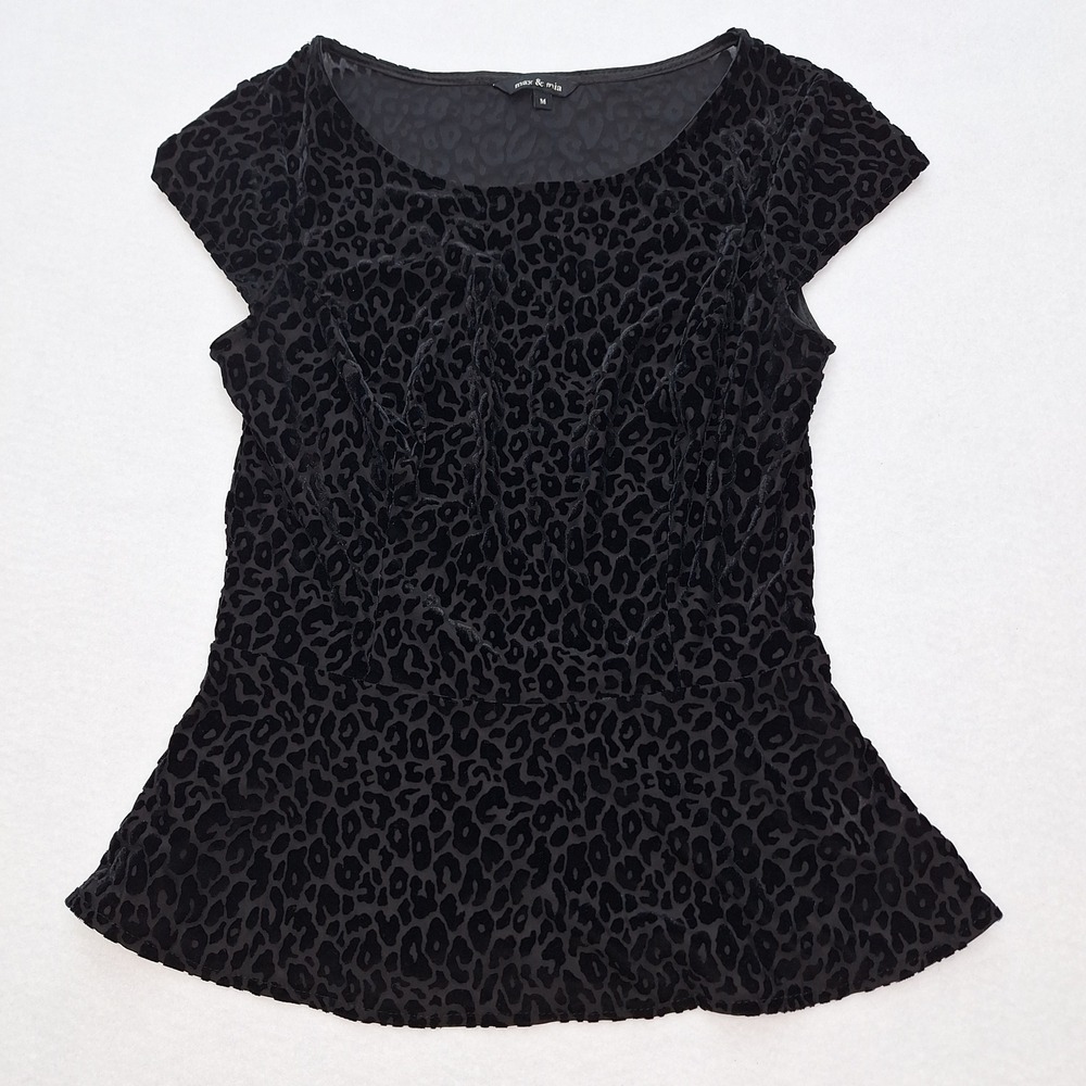 max‎ & mia Top Womens Medium Black Velvet Burnout Leopard Print Whimsigoth